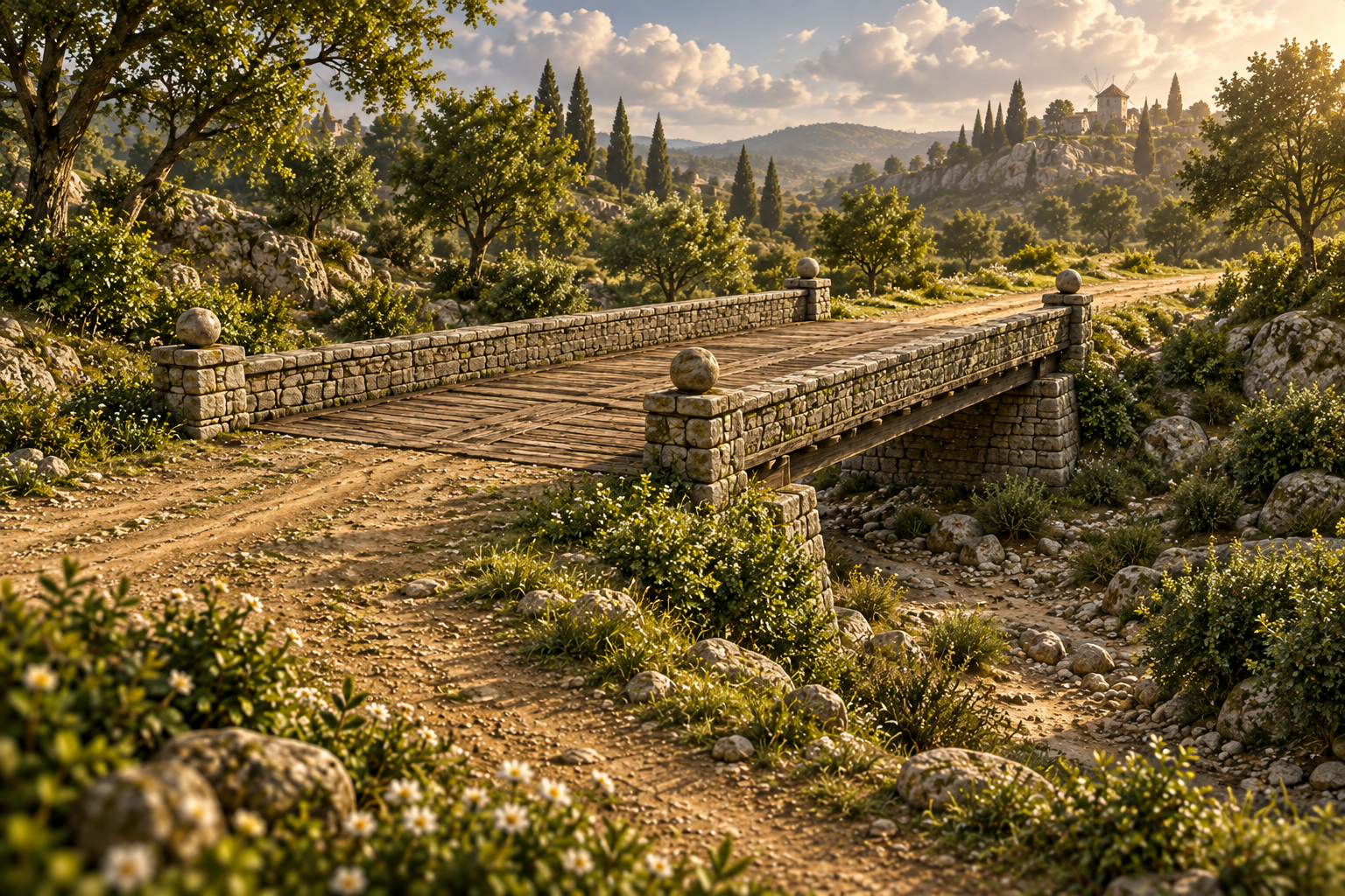 Illustrated stone bridge in the Green Valley countryside
