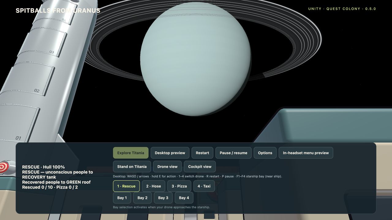 Spitballs from Uranus browser prototype with Uranus and its rings above the colony
